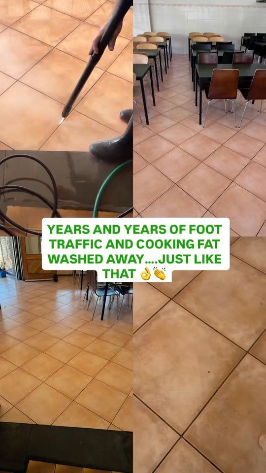 Video cover: a pressure-cleaning wand on terracotta floor tiles in a dining room, with the text 'Years and years of foot traffic and cooking fat washed away'.