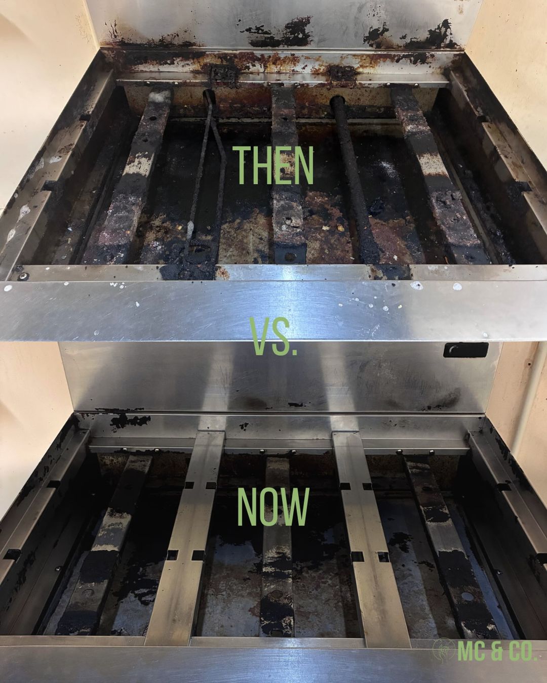 Their own then-and-now photo of the inside of a commercial oven: thick black build-up on top, much cleaner metal underneath, with some dark marks still left.