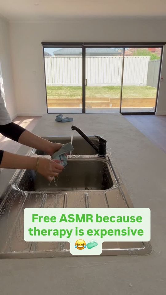 Video cover: a hand scrubbing a stainless steel sink, with a joke caption about free ASMR.